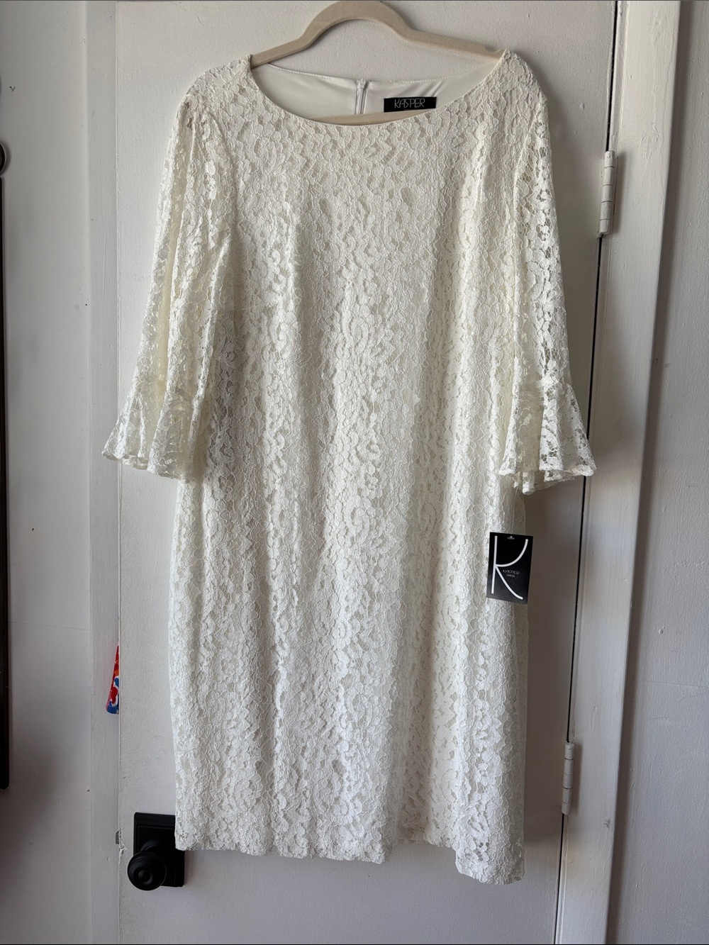 Kasper Ivory Lace Shift Dress with Fluted Long Sleeves